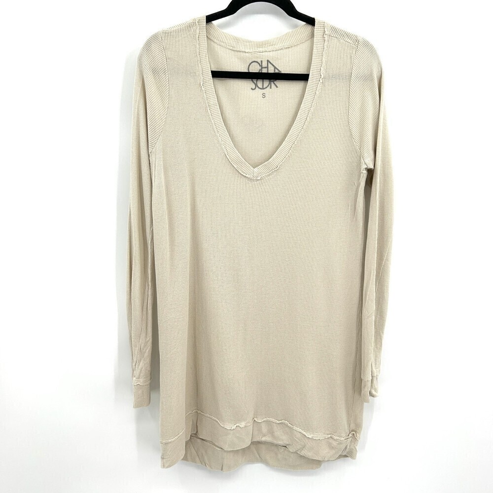 NWT CHASER Cream Deep V-Neck Waffle Knit Oversized Thermal Tunic Top Size Small